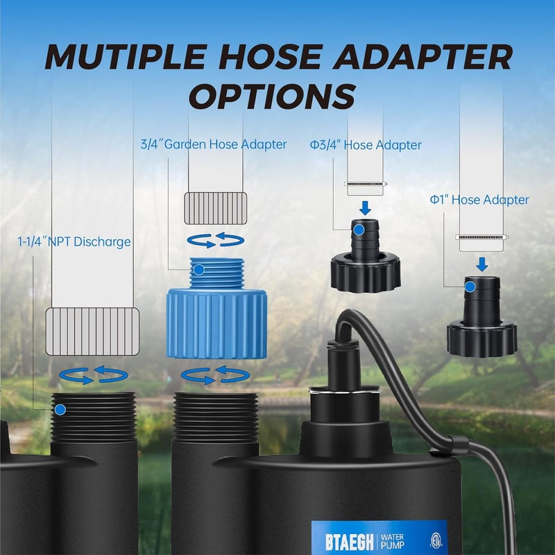 BTAEGH 1/3 HP Submersible Water Pump 2400GPH Small Sump Pump Thermoplastic Electric Portable Transfer Utility Pump Clean for Swimming Pool Basement Garden Pond - Image 4